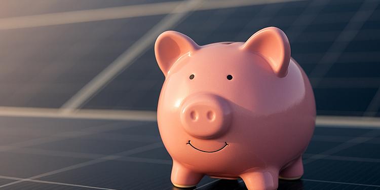 Hucha de cerdito sobre paneles solares al atardecer – ahorro con placas solares